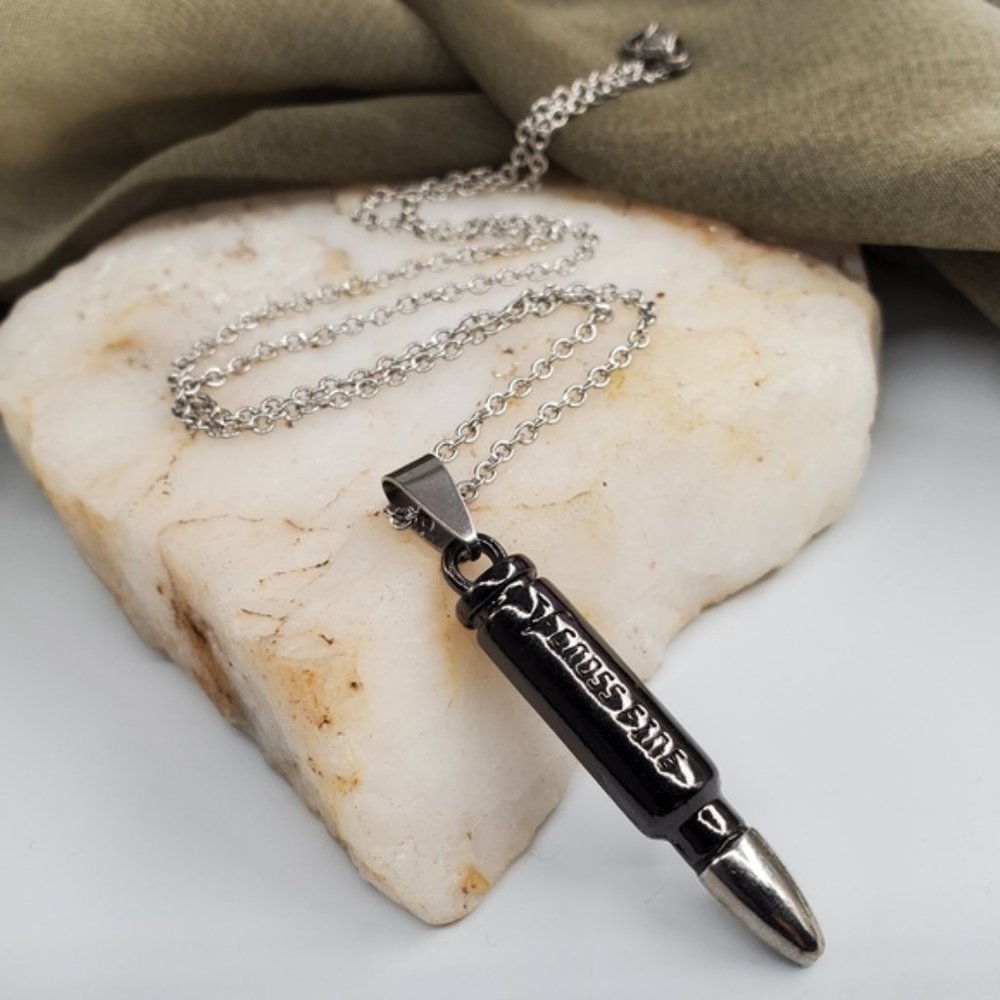 ❤️ Bullet Pendant Gun Metal Silver Necklace Hypoallergenic Stainless Minimalist